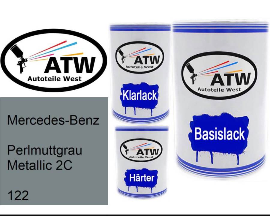 Mercedes-Benz, Perlmuttgrau Metallic 2C, 122: 500ml Lackdose + 500ml Klarlack + 250ml Härter - Set, von ATW Autoteile West.
